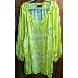 Lane Bryant Top Shirt Blouse Plus Size 38/40 7X Yellow White Tie Dye Long Sleeve